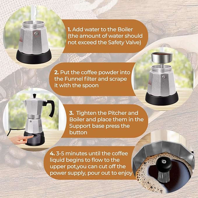 Electric Aluminum Moka Pot 3-6 Cup 150-270ml Espresso Maker | with Detachable Base Ideal Coffee Makers for Home MochaPot Italian and Cuban Café Coffeemaker Espressomaker CoffeePot Silver - Image 4