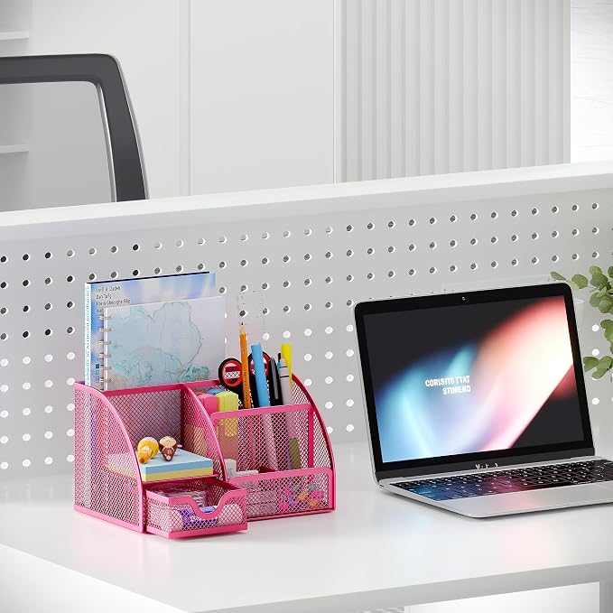 EasyPAG Mesh Desk Organizer with Drawer Multi-functional Pen Holder Stationery Organizer for Office School Supplies 6 Compartments Dorm Organizers and Storage for Desk, Hot Pink - Image 5