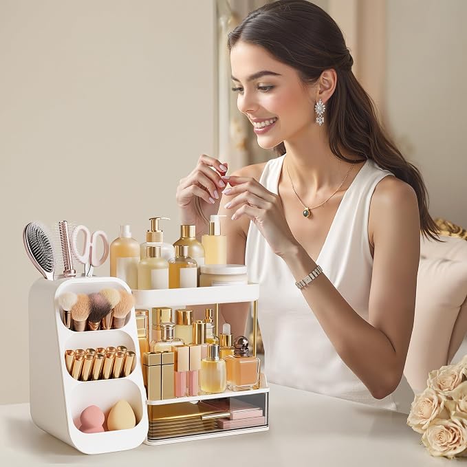 HBlife Bathroom Organizers and Storage with Brush Holder for Vanity, 3 Tier Plastic Makeup Organizer for Dresser Counter, Skincare, Lipstick, Perfume, and Cosmetic Storage - Image 6