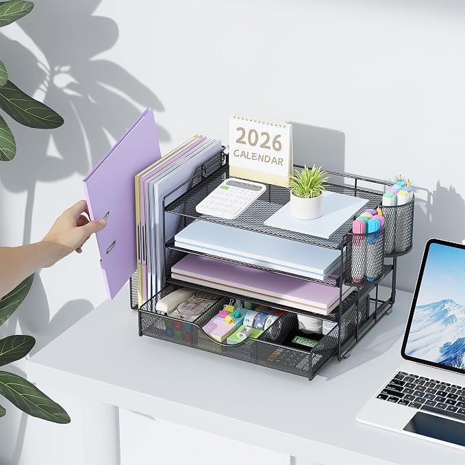 gianotter Desk Organizers and Accessories with File Holder, 4-Tier Desk Accessories & Workspace Organizers with Drawer and 2 Pen Holder, Paper Organizer for Office Supplies (Black) - Image 6