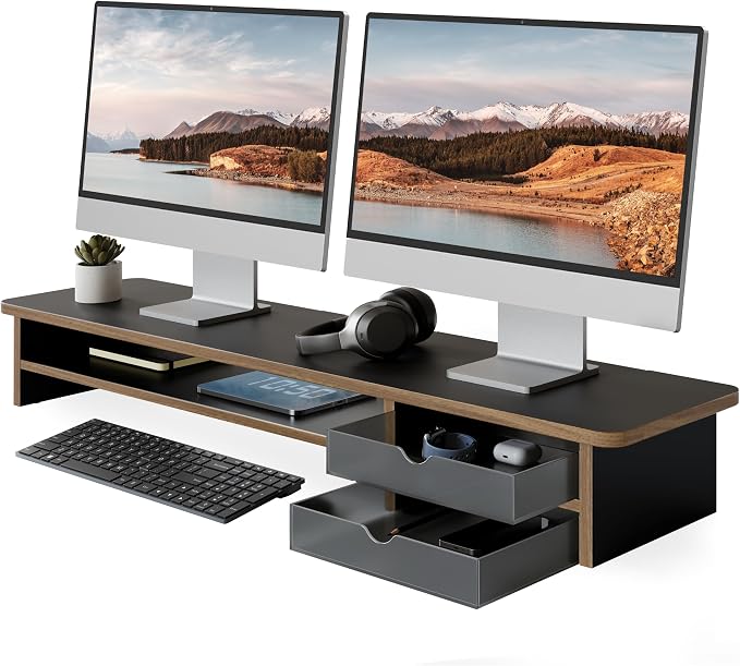Fenge Monitor Stand, Dual Monitor Riser, 42.5inch Large Desk Computer Monitor Stand Riser with Drawer, 2 Tier Wood & Acrylic Desktop Organizer with Cable Management by Fenge