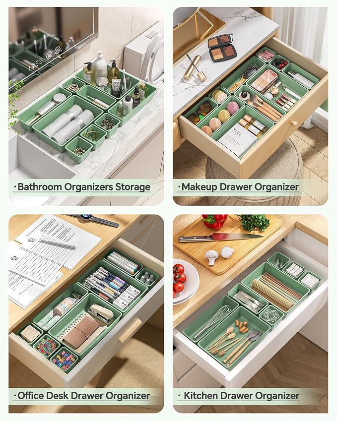 KEMETHY 25 PCS Plastic Drawer Organizers Set, 4 Sizes Vanity Organizer, Makeup and Desk Drawer Organizer Trays, Organization and Storage for Makeup, Bathroom, Kitchen Utensils and Office (Green) - Image 4