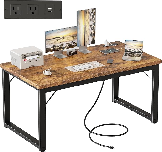 Mericonia 48 Inch Computer Desk with Power Outlets, 1.2" Thick Office Table | Modern Simple Style, Heavy Duty Industrial Frame, Small Study & Writing Table for Home Bedroom Work, Brown by MERICONIA