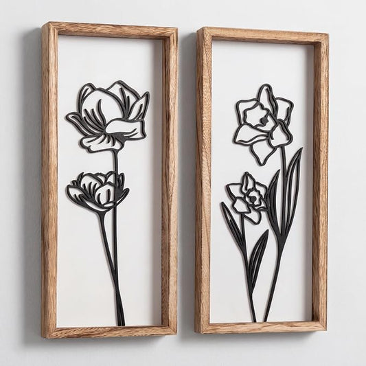 3D Black and White Wall Art (Set of 2) Lightweight, Wooden Ready-to-Hang Framed Floral Wall Art for Bathroom, Bedroom, Living Room or Office – Boho Botanical Farmhouse Decor – Gift-Boxed by TideandTales