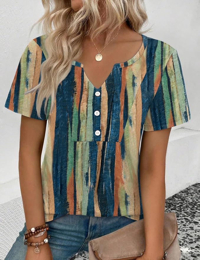 Zeagoo Womens Short Sleeve Tops Summer Henley V-Neck Tshirts Casual Pleated Blouse Dressy Loose Floral Basic Tee - Image 3