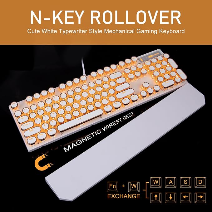 Camiysn Typewriter Style Mechanical Keyboard, Retro Punk Gaming Keyboard with Gold LED Backlit, Cute Wired Keyboards,104 Keys Full Size Keyboards, Uique Round Keycaps for Windows/Mac/PC(White&Gold) - Image 6