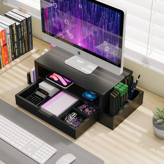 Simple Trending Wood Monitor Stand Riser with Drawer and Pen Holder, Desk Organizer for Home Office, Black - Image 7