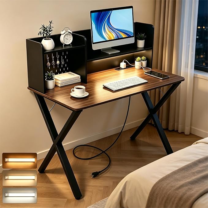 Lightdot 44" ×24" Black Home Office Computer Desk with Charging Ports, Study Gaming Desk with Hutch Pegboard & Motion Sensor Light, Student Writing Desk with Storage for Home Office Bedroom by LightdotLighting