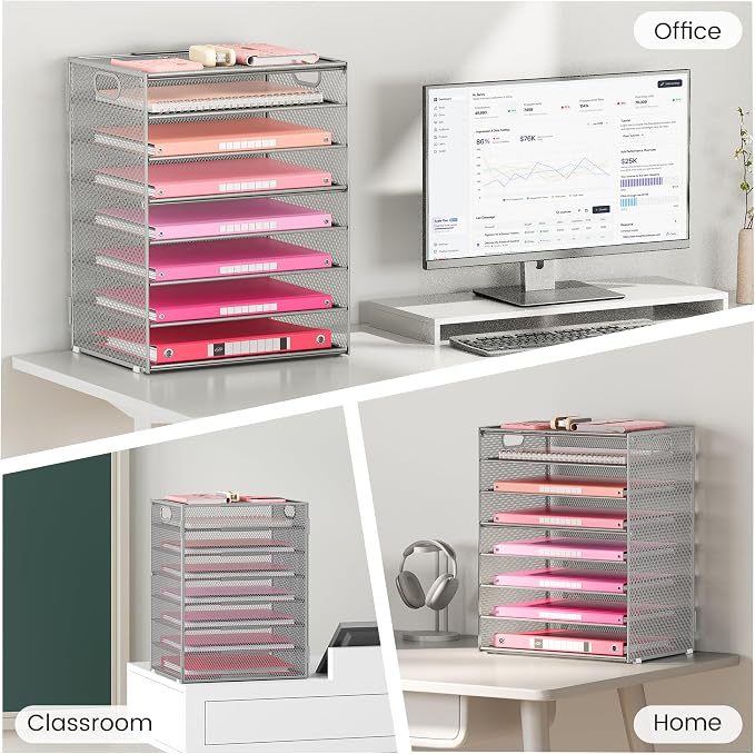 Lavatino 2 Pack 8-Tier Office Desk File Organizer, Letter Tray Paper Organizer with Handle, Including 5 Adjustable Slide Trays for Organizing Desk Workspace Accessories and Supplies (Silver Mesh) - Image 6