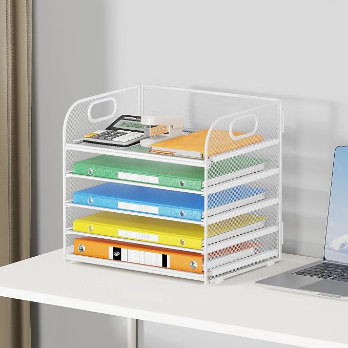 Lavatino 5 Tray Paper Organizer Letter Tray with Handle - Mesh Desk File Organizer, Paper Sorter Organizer for Office, Home or School File Folder Holder - White - Image 6
