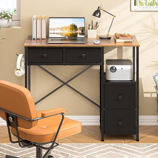 3IngSeagulls Small Computer Desk with 4 Fabric Drawers, Simple Writing Desk for Home Office, Compact Study Desks for Small Spaces, Kids Desk Study for Bedroom, Rustic Brown by 3IngSeagulls