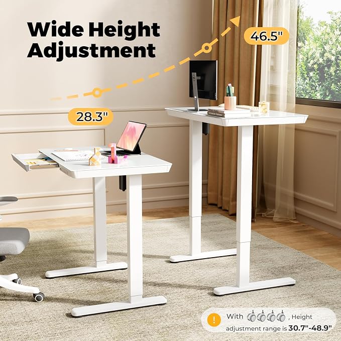 32" Glass Standing Desk with Drawer, Small Electric Desk | Height Adjustable Quick Install One-Piece Tabletop with USB Charging Ports, Sit Stand Computer Desk for Compact Space, White - Image 4