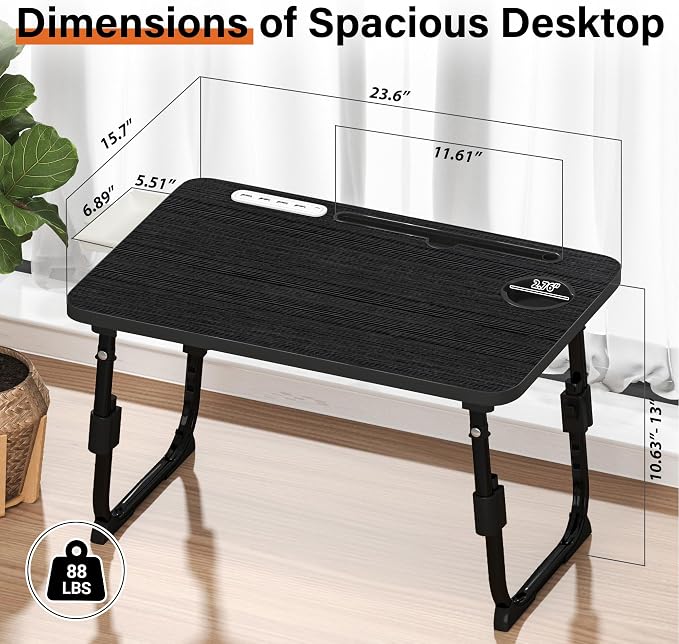 Lap Desk for Bed, Adjustable Laptop Desk with USB Charging Port, Storage Drawer & Bookshelf — Foldable Bed Desk for WFH & Students, 23.6" Desktop Fits 17" Laptop, Non-Slip, Black - Image 4