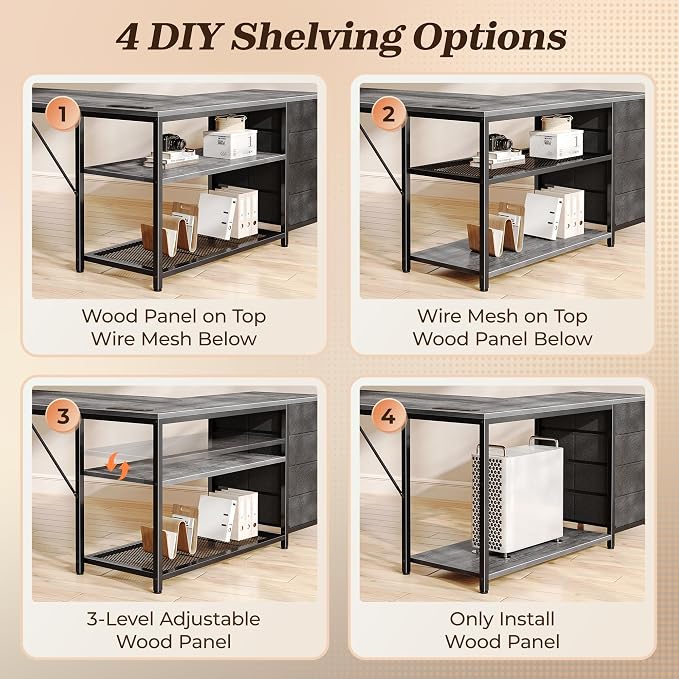 PRAISUN 53" L Shaped Desk with Power Outlets & USB-C Port, Reversible Computer Corner Office Desk with 4 Fabric Drawers and 2 Storage Shelves, Large Desk for Gaming Writing Work Study, Grey - Image 5