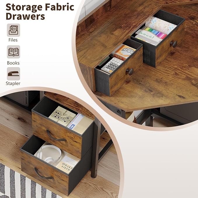 VENNQD Corner Desk with 6 Fabric Drawers Shelves for Small Space Computer Desk with Power Outlets,Gaming Desk with Printer Monitor Stand Storage for Home Office Workstation Writing Table Brown - Image 6