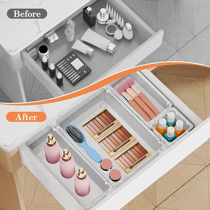 SpaceHacks 25 PCS Plastic Drawer Organizer Set, 4-Size Versatile Organizer Trays & storage Bins for Makeup, Jewelry, and Gadgets in Bathroom, Bedroom and Office,Clear White - Image 4