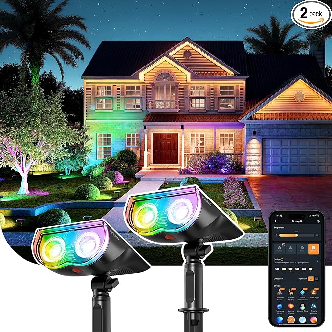 Linkind Smart Solar Spot Lights Outdoor SL5C, Solar Lights Outdoor Spotlight Cool/Warm White/Color Changing, APP/Voice Control IP67 Landscape Lighting for Yard, Garden, Pathway(2 Pack) by Linkind