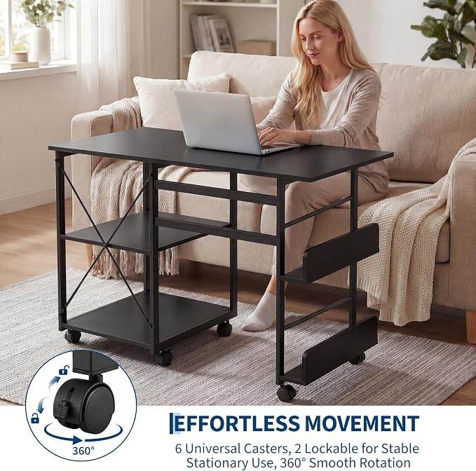 Garvee Folding Desk with Wheels, 31.5" Foldable Computer Desk with Storage Shelf, Space Saving Rolling Home Office Desk for Small Spaces, Portable Writing Table with Side Organizer, Black - Image 6
