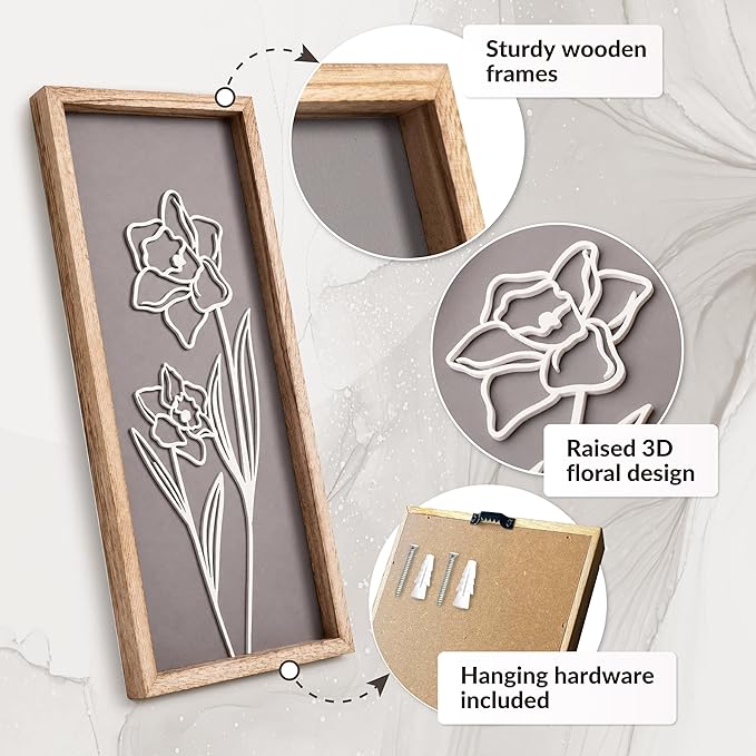 3D Wooden Floral Bathroom Wall Decor (Set of 4) Lightweight, Ready-to-Hang Framed Wall Art For Living Room, Bedroom, or Office - Premium Boho Botanical Farmhouse Decorations - Gift-Boxed - Image 6