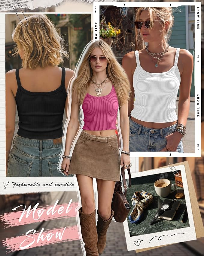 Ficerd 3 Pack Women's Tank Tops 95% Cotton Spaghetti Strap Ribbed Crop Camisole Slim Fitted Basic Summer Sleeveless Layer - Image 3
