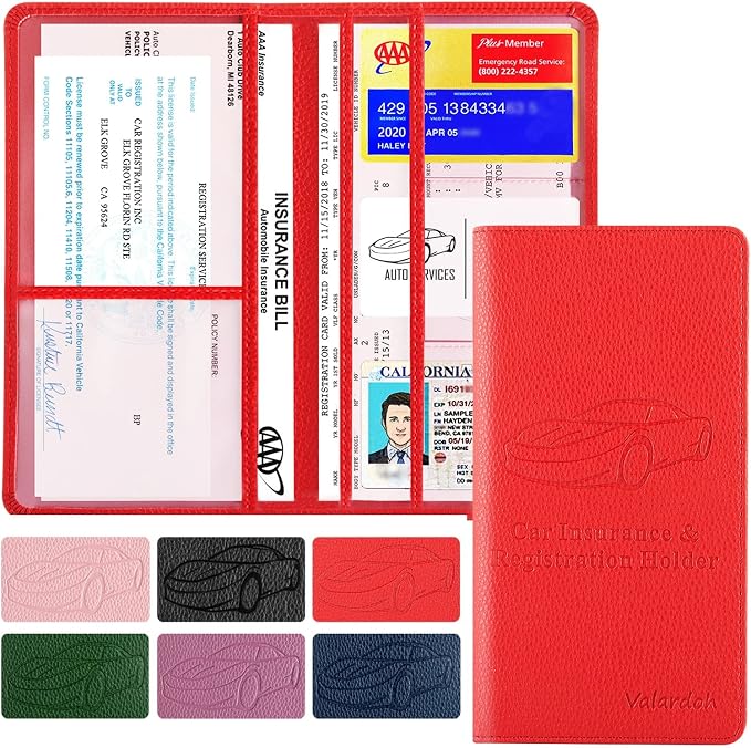 Valardoh Premium Car Registration and Insurance Card Holder, Car Document Holder for Cards, Driver License & other Essential Documents (Red) by Valardoh
