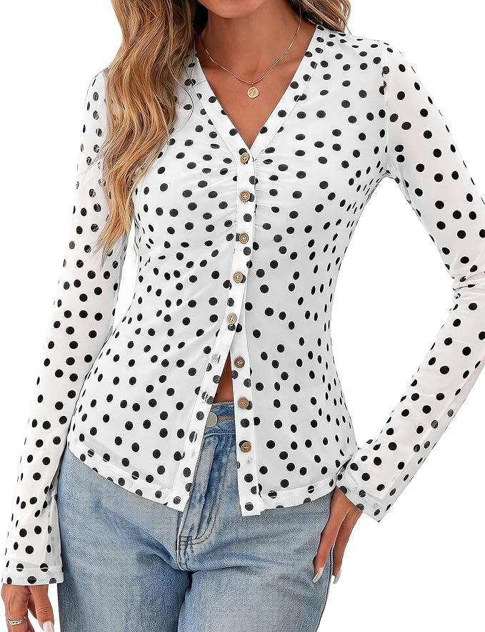 BTFBM Button Down Shirts for Women 2026 Fall Boho Tops V Neck Long Sleeve Blouses Ruched Mesh Fitted Fashion Clothing - Image 2