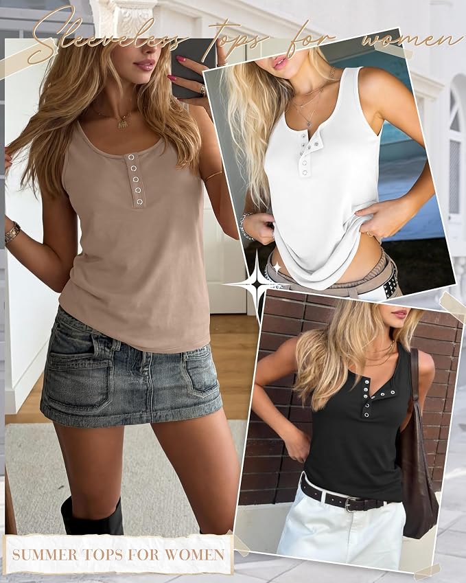 Ficerd 3 Pack Women's Henley Tank Tops Sleeveless Button Down Summer Shirts 2026 Casual Trendy Loose U Neck Tee Blouses - Image 2
