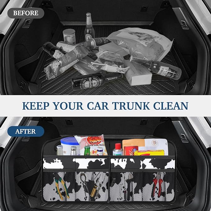 Femuar Car Trunk Organizer, Cow Print, Vintage Style, 52L Capacity, 4 Compartments, Waterproof, Non-Slip, Collapsible, 22.5"D x 18"W x 10.8"H - Image 5