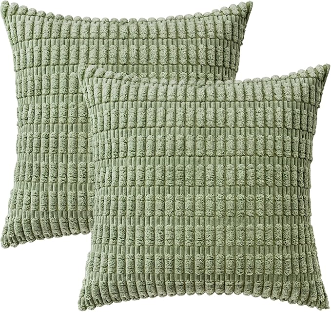 MIULEE Pack of 2 Spring Corduroy Decorative Throw Pillow Covers 18x18 Inch Soft Boho Striped Pillow Covers Modern Farmhouse Home Decor for Summer Sofa Living Room Couch Bed Sage Green - Image 6