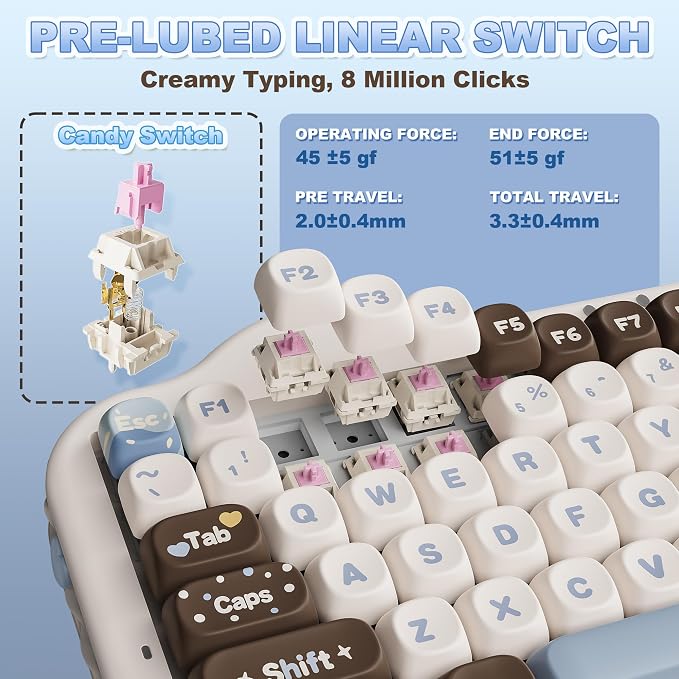 YUNZII C75 Cute 75% Wireless Mechanical Keyboard (Choco, Candy Switch) | Creamy Cake Keyboard, BT5.0/2.4G/USB-C, Hot-Swap, NKRO, PBT MOA Keycaps,5500mAh RGB Gasket Mount for Mac/Win/Gaming/Office - Image 6