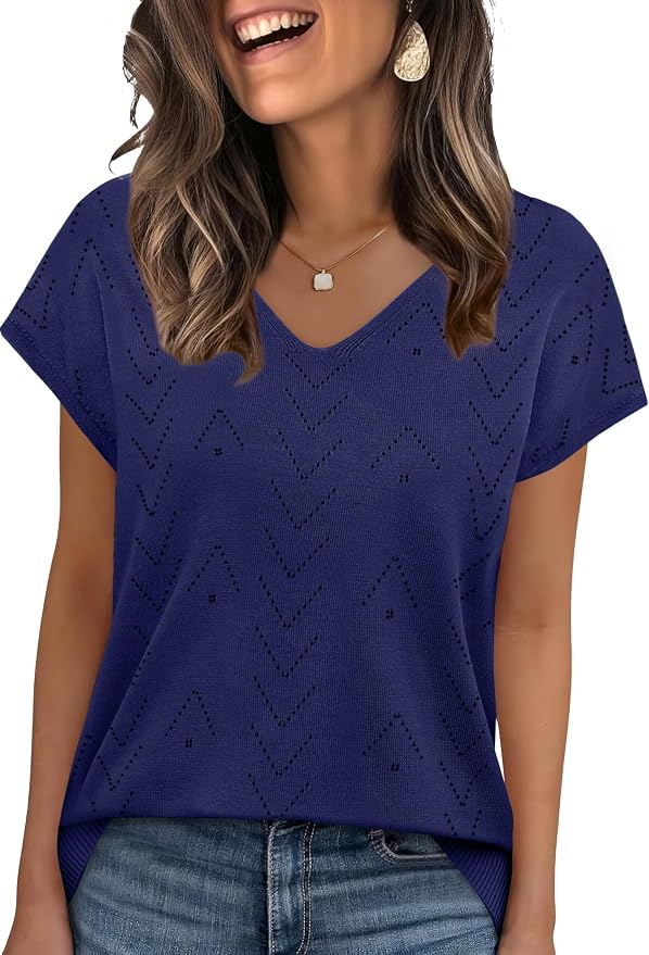 WIHOLL Short Sleeve Sweater for Women V Neck Trendy Cute Tops Business Casual Outfits Cap Sleeve - Image 2