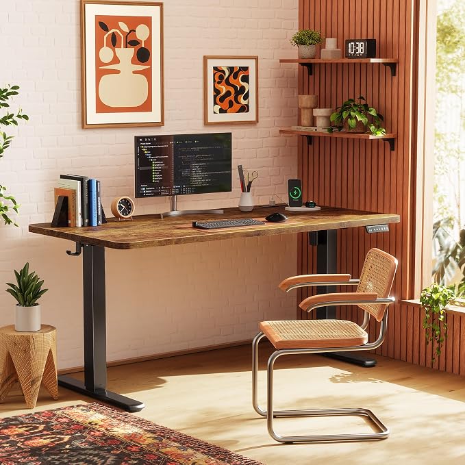 Huuger Electric Standing Desk with Power Outlets and USB-C Port, 55 X 24 Inch Height Adjustable Desk, Sit Stand Desk for Home Office, Computer & Gaming Desk with 4 Presets, Rustic Brown - Image 2