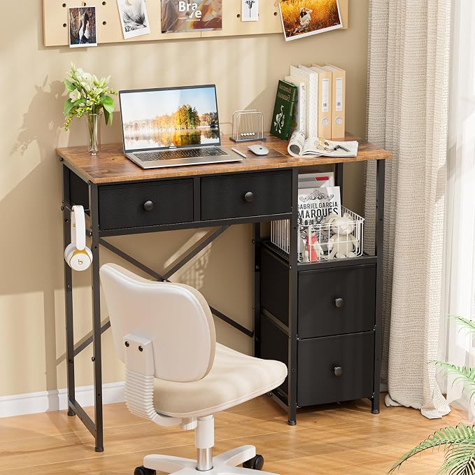 3IngSeagulls Small Computer Desk with 4 Fabric Drawers, Simple Writing Desk for Home Office, Compact Study Desks for Small Spaces, Kids Desk Study for Bedroom, Rustic Brown - Image 5
