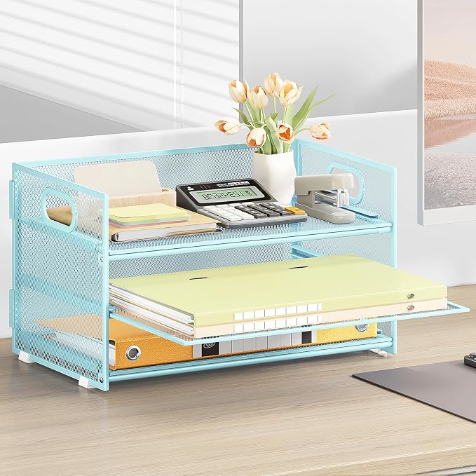 Subekyu 3 Tier Paper Desk Organizer with Handle and 1 PC Slideable Letter Tray, A4 Paper File Folder Sorter Metal Mesh Organizer for Home Office School Desk Supplies Organization Storage, Blue - Image 6