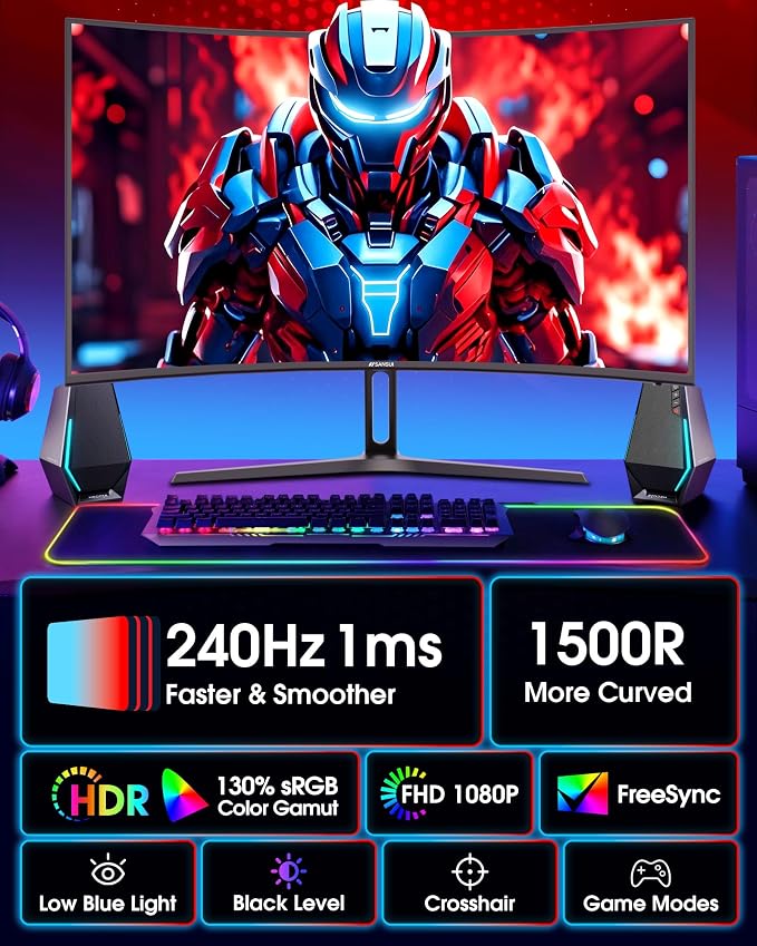 SANSUI 27 Inch Curved 240Hz Gaming Monitor FHD 1080P, 1500R Curve Computer Monitor, 130% sRGB, 4000:1 Contrast, HDR, FreeSync, MPRT 1Ms, Low Blue Light, HDMI DP Ports, Metal Stand, Cable Incl. - Image 2