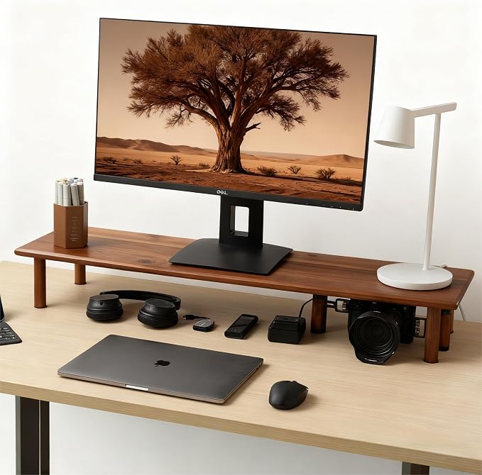 Dual Monitor Stand Riser Acacia Wood, Wooden Desk Monitor Riser for 2 Monitors Supports for Monitor, Printer, Heavy TV Riser up to 130 lbs by Rocdeer