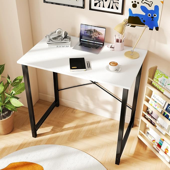 DUMOS 32 Inch Small Computer Desk, Gaming Desks for Home Office Bedroom | Modern Study Writing Work Table, Craft PC Desk Simple Workstation with Reinforcement Structure, Black and White - Image 2