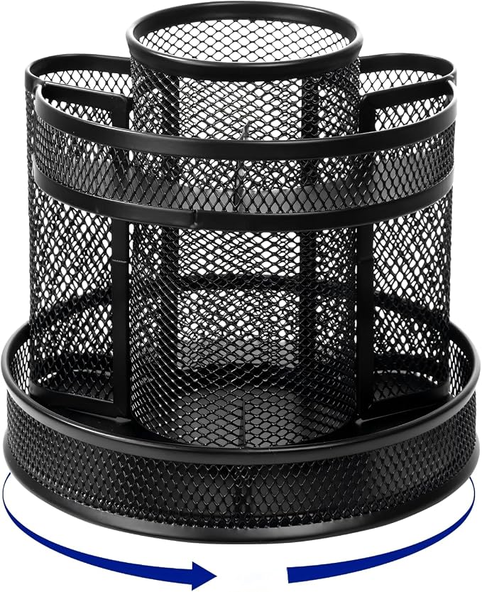 Comix Mesh 360° Rotating Pen Holder, Desk Organizer for Home Office, Black | 5 Compartment Pencil Holder, Sticky Notes Holder, Pen Organizer Office Supplies - Image 2