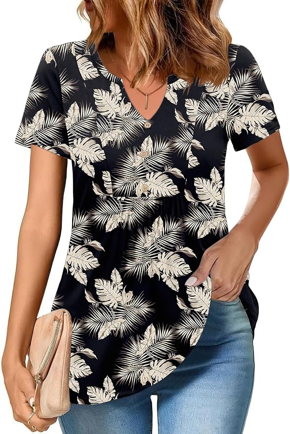 Zeagoo Womens Short Sleeve Tops Summer Henley V-Neck Tshirts Casual Pleated Blouse Dressy Loose Floral Basic Tee - Image 2