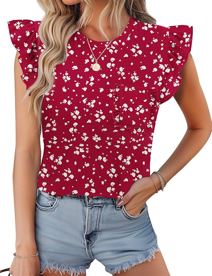 JUSTFASHIONNOW Womens Summer Tops Striped T-Shirts 2026 Ruffle Short Sleeve Crew Neck Casual Blouses with Pocket - Image 2