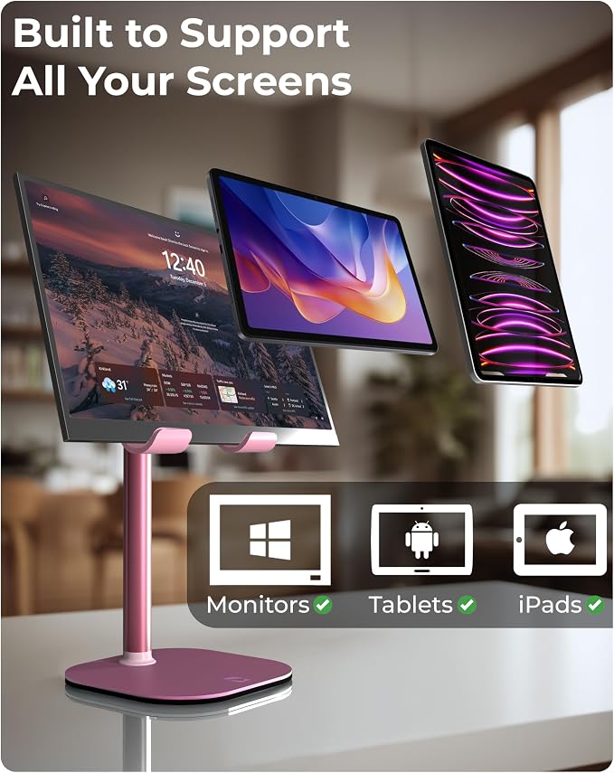 COOPER TabHolder, 7-10" Height Adjustable Tablet Stand, Premium iPad Stand for Desk, 270° Tilt iPad Holder, Kindle Holder, 15.6-17" Portable Monitor Support, (Lavender Pink) - Image 5