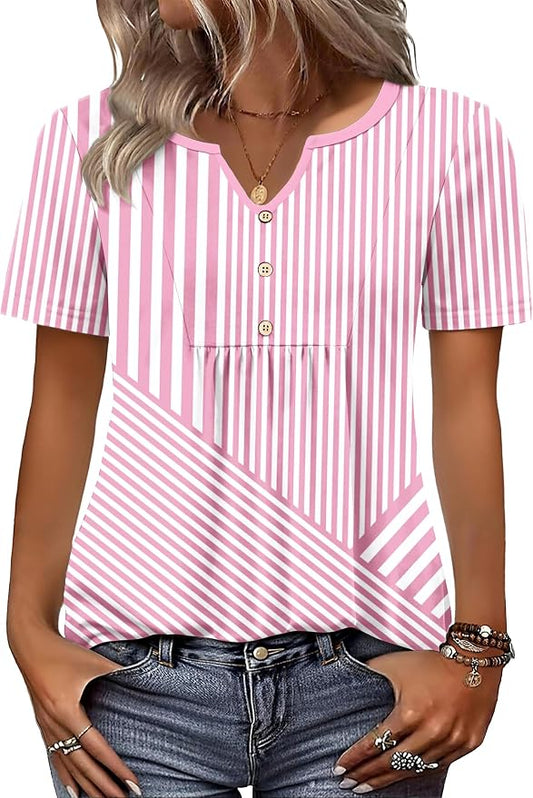 Zeagoo Womens Short Sleeve Tops Summer Henley V-Neck Tshirts Casual Pleated Blouse Dressy Loose Floral Basic Tee by Zeagoo