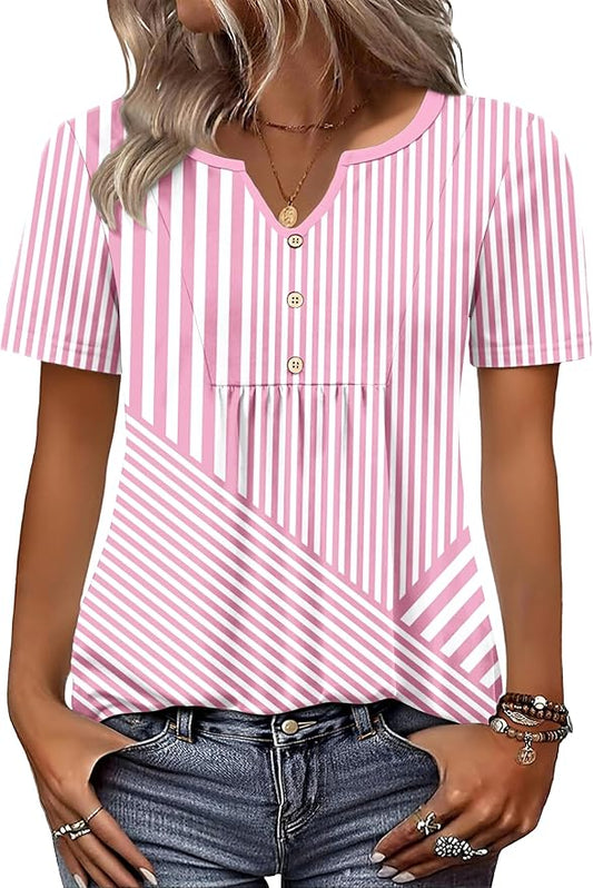 Zeagoo Womens Short Sleeve Tops Summer Henley V-Neck Tshirts Casual Pleated Blouse Dressy Loose Floral Basic Tee by Zeagoo