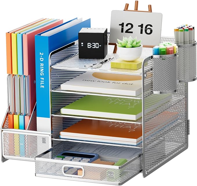 Marbrasse Desk Organizer with File Holder, 5-Tier Paper Letter Tray Organizer with Drawer and 2 Pen Holder, Mesh Desktop Organizer and Storage with Magazine Holder for Office Supplies (Silver) by Marbrasse