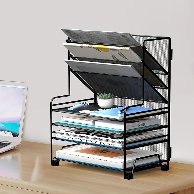 MINDEPOT 4-Tier Paper Organizer + 3-Pocket File Holder + Drawer + Pen Holders, Desktop File Organizers Paper Tray for Office Supplies School Classroom Organization (Black, No Drawer & Pen Holder) - Image 6