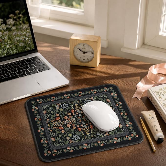 iCasso Aesthetic Small Mouse Pad, 9.5x7.9in,Home Office, Black Floral | Mini Portable Travel Mousepad, Anti-Slip and Comfortable Cloth Mouse Mat with Stitched Edges for Computer, Home - Image 7