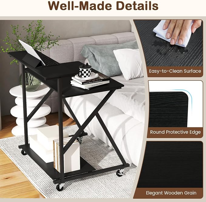 GIANTEX Rolling Small Desk with Storage, Compact Computer Desk for Small Spaces with Charging Station, Monitor Stand, Lockable Wheels, Study Writing Desk for Home Office, Bedroom (Black) - Image 8