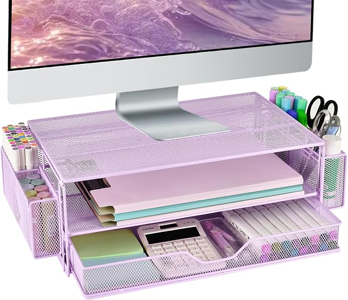 AUPSEN Computer Monitor Stands Riser，2-Tier Desk Organizers and Accessories, Office Desk Accessories Organizer with Drawers and 2 Pen Holder for Office Supplies (Purple) by AUPSEN
