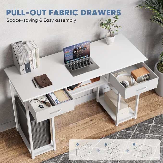 DUMOS 48-Inch Computer Desk with Drawers, Hook and Side Bag, White | Home Office Desk for Bedroom, Gaming Writing Study Desk with Adjustable Feet - Image 4