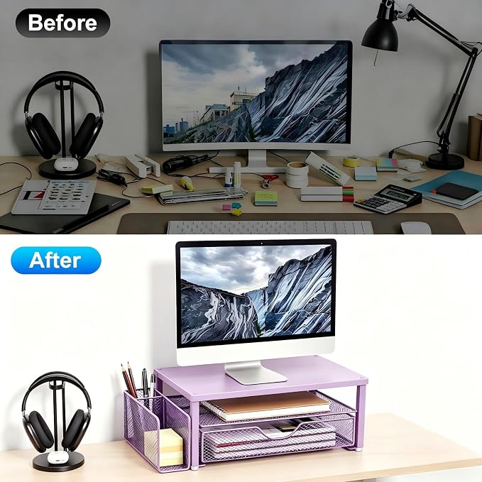 Spacrea Desk Organizer and Accessories, Computer Monitor Stand Riser with Drawer and 1 Open Pen Holder, Printer & Laptop Stand, Office Desk Accessories for Home Office Supplies (Purple) - Image 2